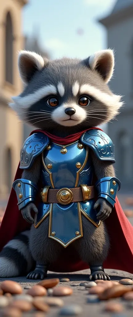 A photo of a 3d render of a cute, extra fluffy baby raccoon with Super Saiyan-style spiky grey fur. The raccoon is a warrior and is adorned with shiny blue battle armor that covers its entire body. It has a small dark red cape that flows gracefully behind ...