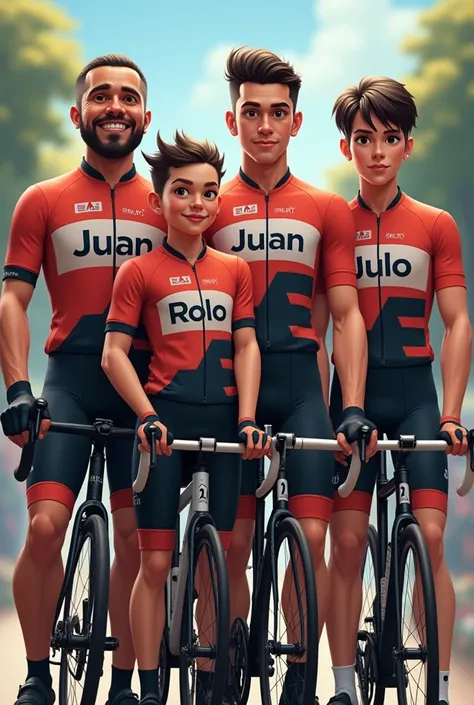  Chubby cyclists Leo  , Juan Flaco y Calvo  , Rolo mono and white and Julia short and dark in the same uniform and with the name on the front change that all four names appear and they are all men 