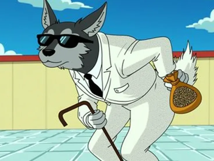 An alpha wolf wearing dark glasses ,  holding a brown cane ,  C with a brown bag with seeds, the same style