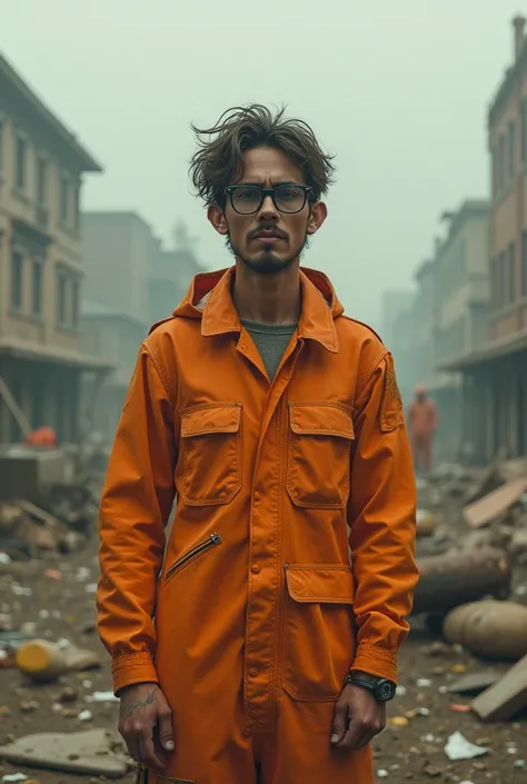 post-apocalyptic nerd in thick glasses and orange jumpsuit