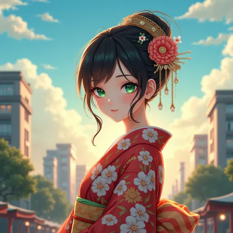  20-year-old woman in a Japanese costume 、 emerald green eyes with a hat on her head、City and blue sky in the background 、Afternoon light and sunset realistic illustration