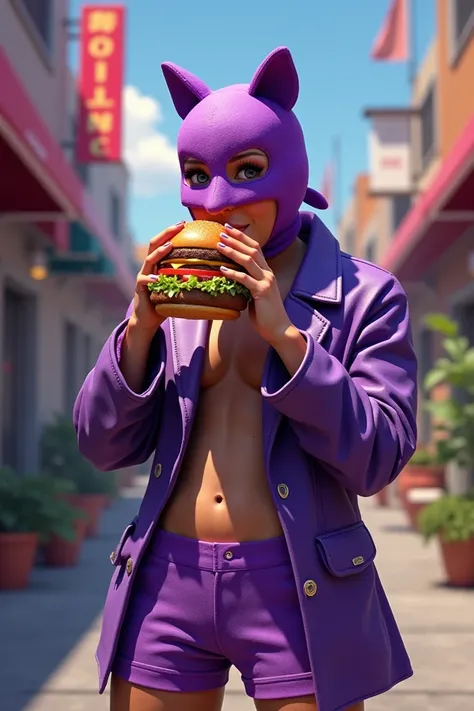 A guy eating a burger with purple short and purple pants with a Mask coverung gus Eyes