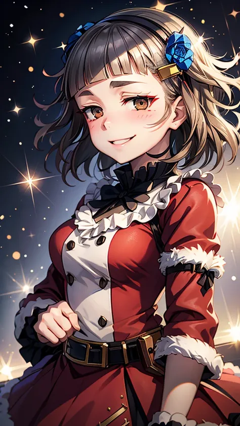 (((solo))), 1 woman, Sakuya Kurobane, sakuyaunif, kurobane_sakuya, (brown eyes), short hair, grey hair, black hairband, blue hair flower, red eyeliner, chest, blush, smile, (upper body), santa claus