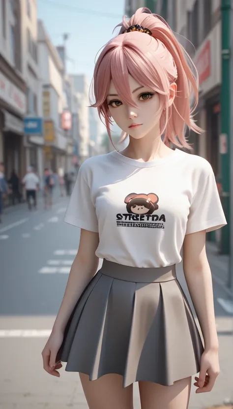 Put one hand on your lower back ,Black Street Fashion, 1 girl, Pink Hair, Brown Eyes, Hair Between Eyes, Ponytail, Chibi, 3D Cartoon, Gray Skirt, White Shirt, Looking at viewer, 