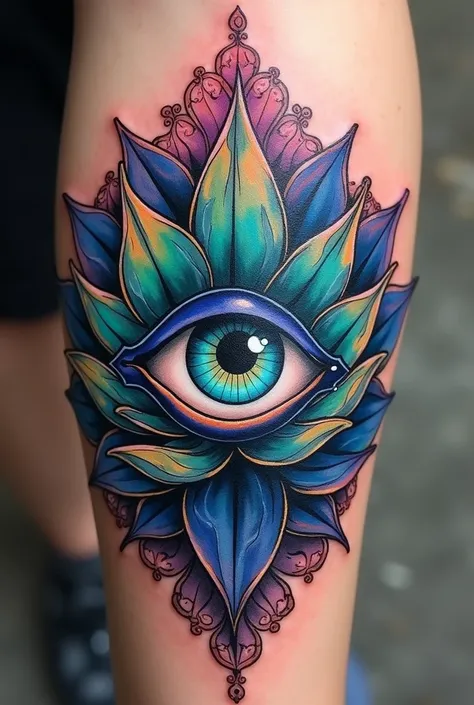 evil eye in lotus flower tattoo colored