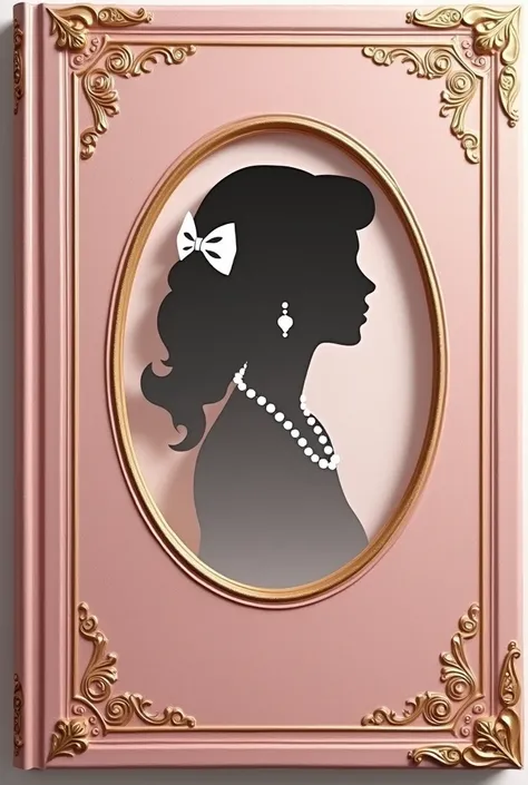 Embossed victorian royal diary cover (pink) with side part with embossed classic vintage borderline ( gold) , with silhouette classy ethereal woman in wavy long hair with necklace, pearl earrings and white ribbon bow clip at the middle back inside of a vic...