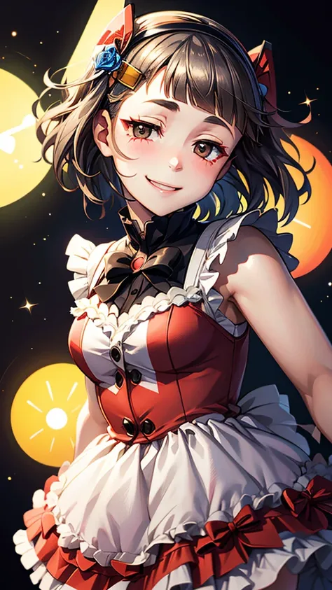 (((solo))), 1 woman, Sakuya Kurobane, sakuyaunif, kurobane_sakuya, (brown eyes), short hair, grey hair, black hairband, blue hair flower, red eyeliner, chest, blush, smile, (upper body), santa claus