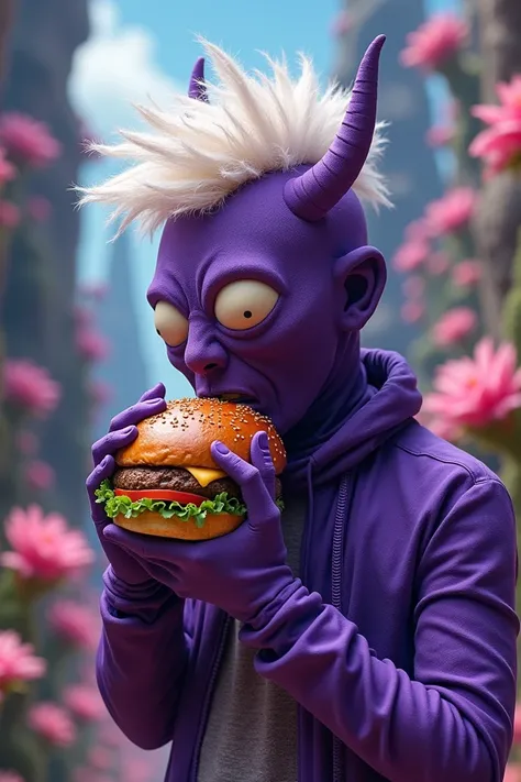 A guy eating a burger that has all purple clothing and a Mask covering his eyes with White spiky hair