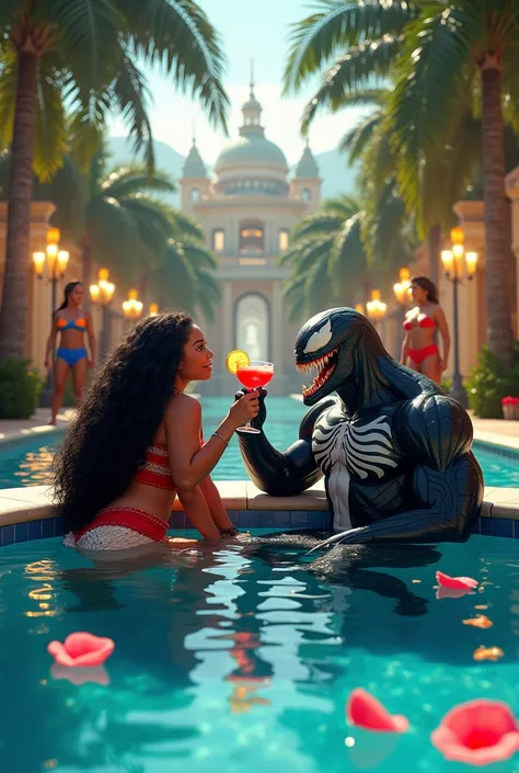 NetFlix standard Movie cover design for Moana and venom in a swimming pool, sipping cocktail, body guards