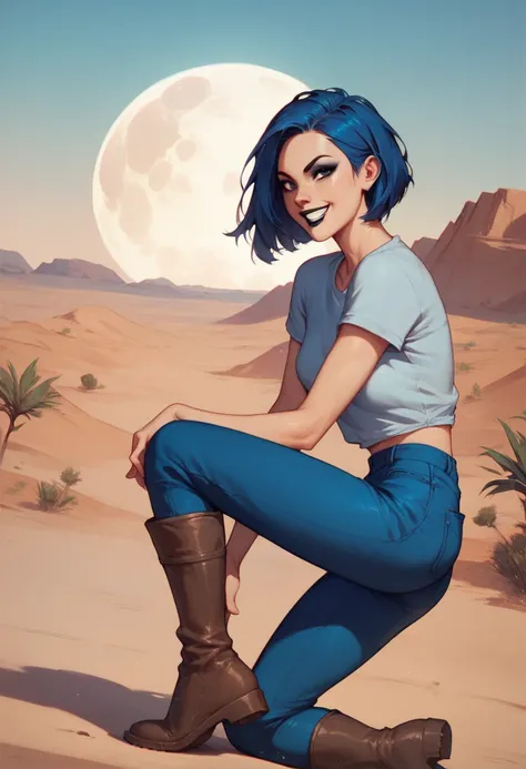 Andrea Davenport, dark blue hair, black eyes, eyeshadow,, Bob cut, Slim body, skinny, blue t-shirt, blue pants, Brown boots, on the road, desert, black eyeshadow, black lips, grin, moon