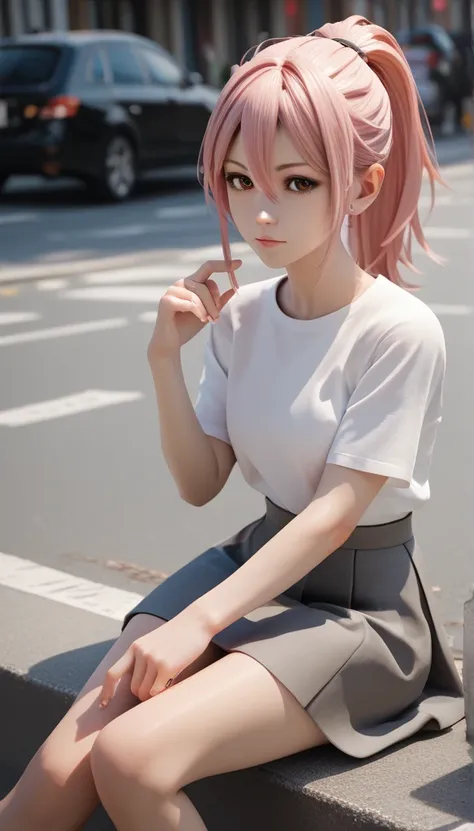 Put one hand on your lower back ,Black Street Fashion, 1 girl, Pink Hair, Brown Eyes, Hair Between Eyes, Ponytail, Chibi, 3D Cartoon, Gray Skirt, White Shirt, Looking at viewer, Sitting