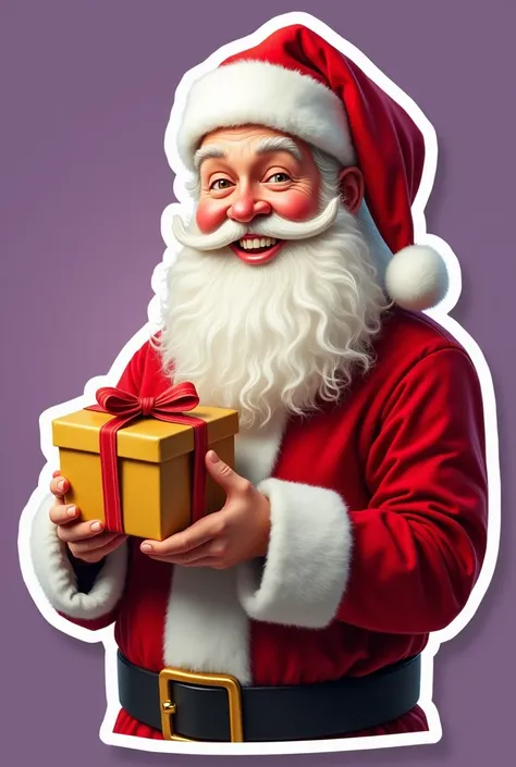 A realistic-style Santa Claus designed as a sticker with thick white borders. Santa is smiling warmly, dressed in a traditional red and white suit, holding a golden gift box tied with a ribbon. The background is a solid purple color for easy cropping. The ...