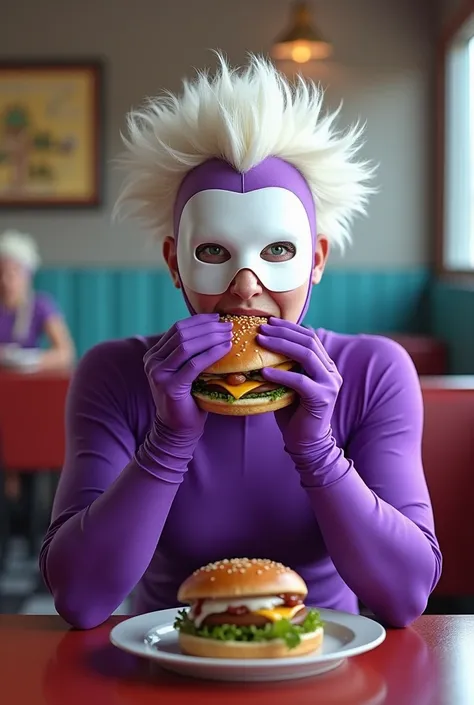 A normal guy eating a burger that has all purple clothing and a Mask covering his eyes with White spiky hair