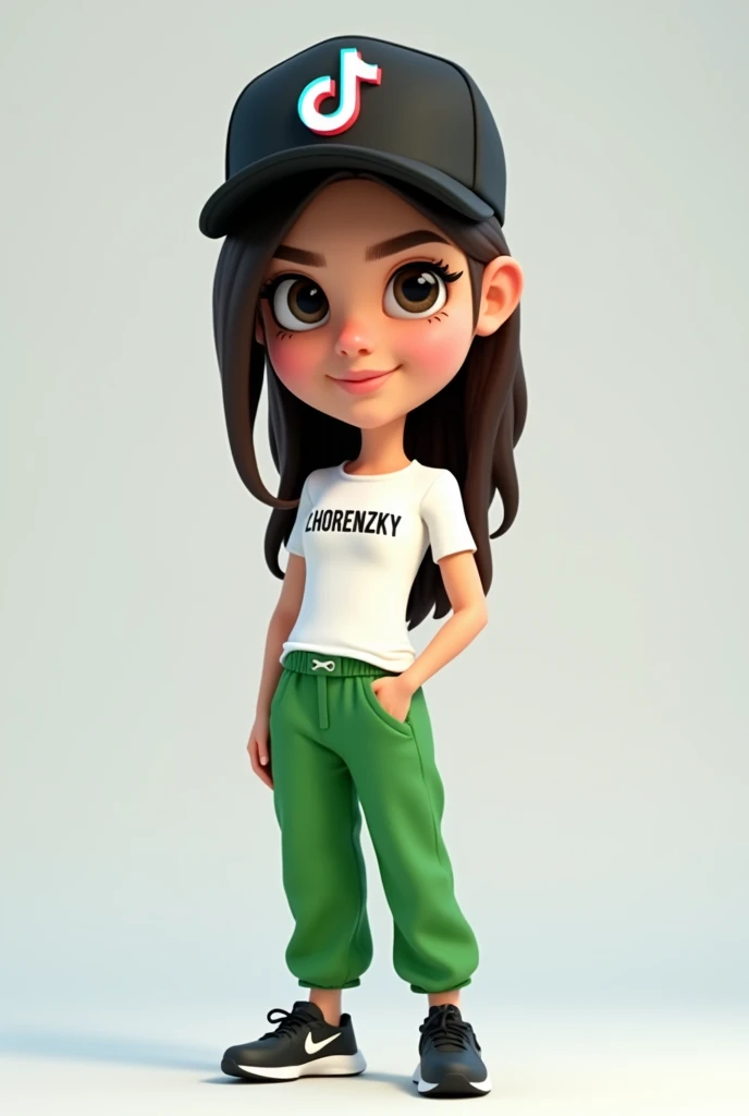  3D caricature image of  woman wearing black cap, white t-shirt with name  " LHORENZKY " written in front of her shirt  and wearing green long pants ,  nike shoes. She is standing beside tiktok logo. Looking at viewer, Wide Shot, 