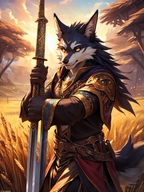 posted on e621, (by Chunie), male, solo, Yellow eyes, (Realistic eye details 1.2), anime character with a sword in a field of wheat, furry fantasy art, anthro art, of anthro Wolf warlock, full art, very very beautiful furry art, tabaxi monk, fantasy card g...