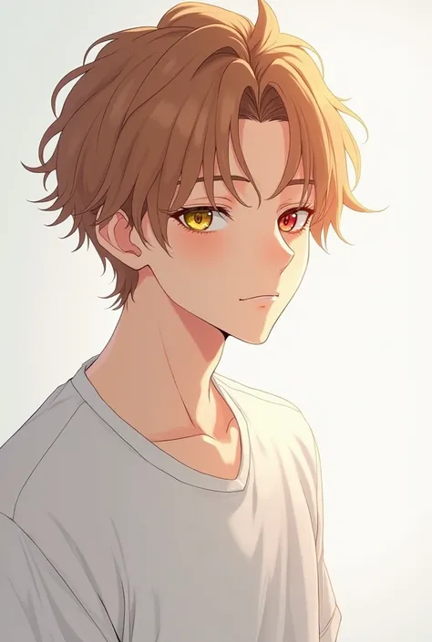 Very handsome college student, 20 years old, 1st grade, handsome, very very light brownish orangish hair, white t-shirt anime, closed thin eyes,odd eyed (one light yellow, the other dark red)