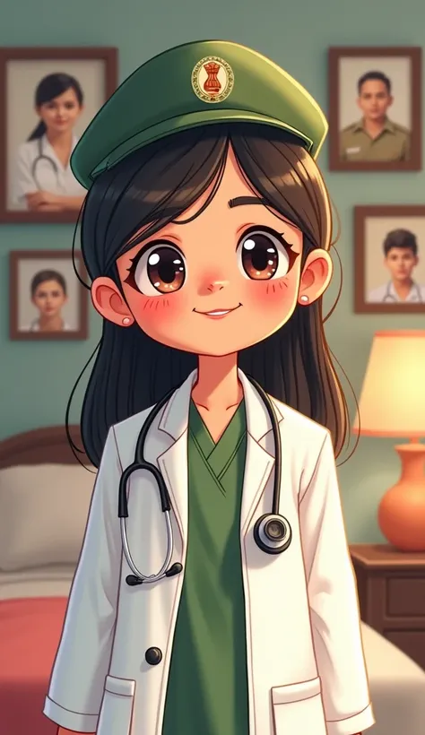 A cute cartoon girl, wearing doctor dress, stethoscope and army hat of olive green colour, Indian army logo on hat,smile on her face, 4 small photo of nurse and solder at Wall,bedroom background , realistic 