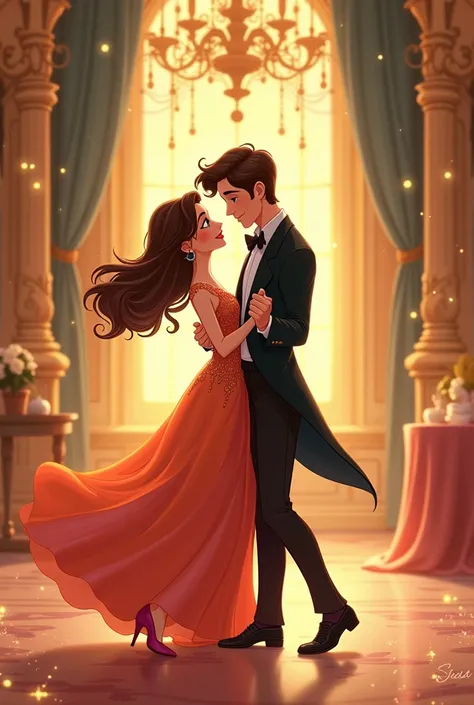 Make me a Disney-style illustration of a couple dancing