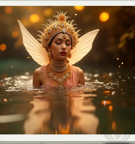 Hot and beautiful girl fish princess with wisten and heavy jewellery with  diamond crown full body jewellery face 2 white g with pink dress light red lipstick with black bindi heldi face and on the water with white wings 