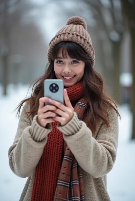 young woman in clothes, in winter boots, needs to look like a real life person, hyper-realistic, she is taking a picture of herself with a phone, she has hair bangs