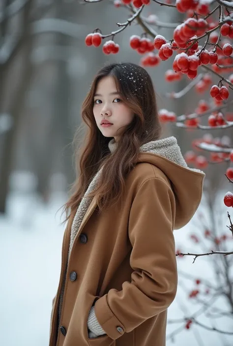 a girl, 18 years old, beautiful, wearing a light brown coat, winter scenery with trees in the background, mountain ash trees with red berries（diameter of about 5 millimeters ）a girl,18years old,beautiful,
--ar　4:3 --style raw --v 6.1 --stylize 200 --person...