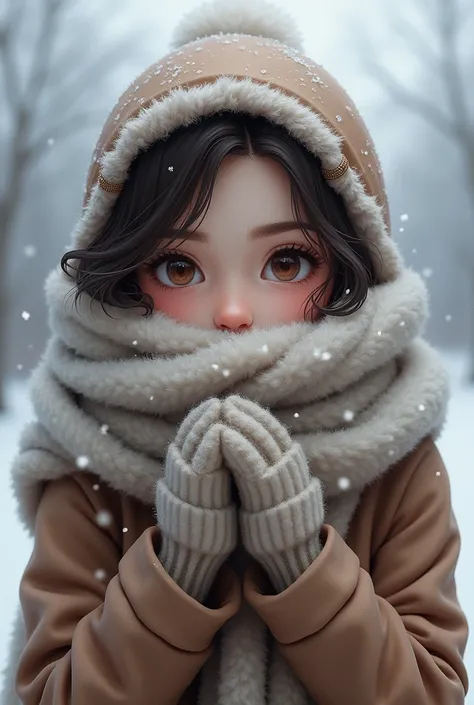 the girl wraps a warm scarf around her neck