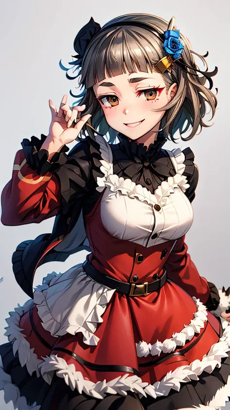 (((solo))), 1 woman, Sakuya Kurobane, sakuyaunif, kurobane_sakuya, (brown eyes), short hair, grey hair, black hairband, blue hair flower, red eyeliner, chest, blush, smile, (upper body), santa claus