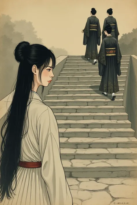 I want a picture that looks like an old Japanese drawing. Theres a lady looking at a wealthy Fujiwara family that are three girl adults. Theyre on the long stairs wearing black kimonos while the lady looking at them wears a white top and a long white skirt...