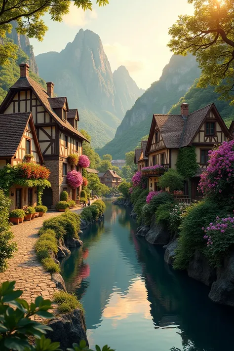  A small town by the river, mountains in the background,  colorful floral flowers ,  detailed landscape, hnatural landscapes,  atmospheric lighting, scorching sunset,  warm colors , practical, Photographic, detailed foliage, complex buildings, cobblestone ...