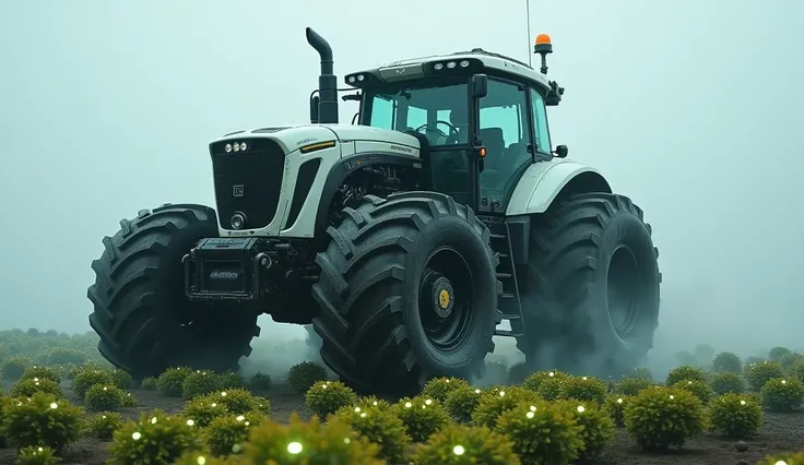 "futurist, magnificent and sturdy tractor ,  in an extraterrestrial cultivation field with bioluminescent plants,  over an alien landscape covered by fog ."