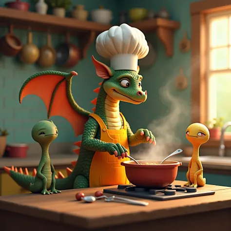 a dragon wearing an apron and chef hat cooking a soup on stove for 2 sick spoons