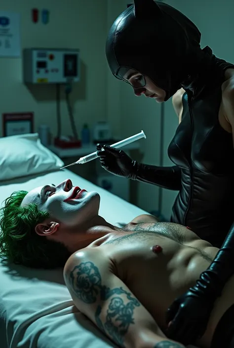 Video: Joker lying on the operating table without a shirt, Female black widow standing by on handle of a needle