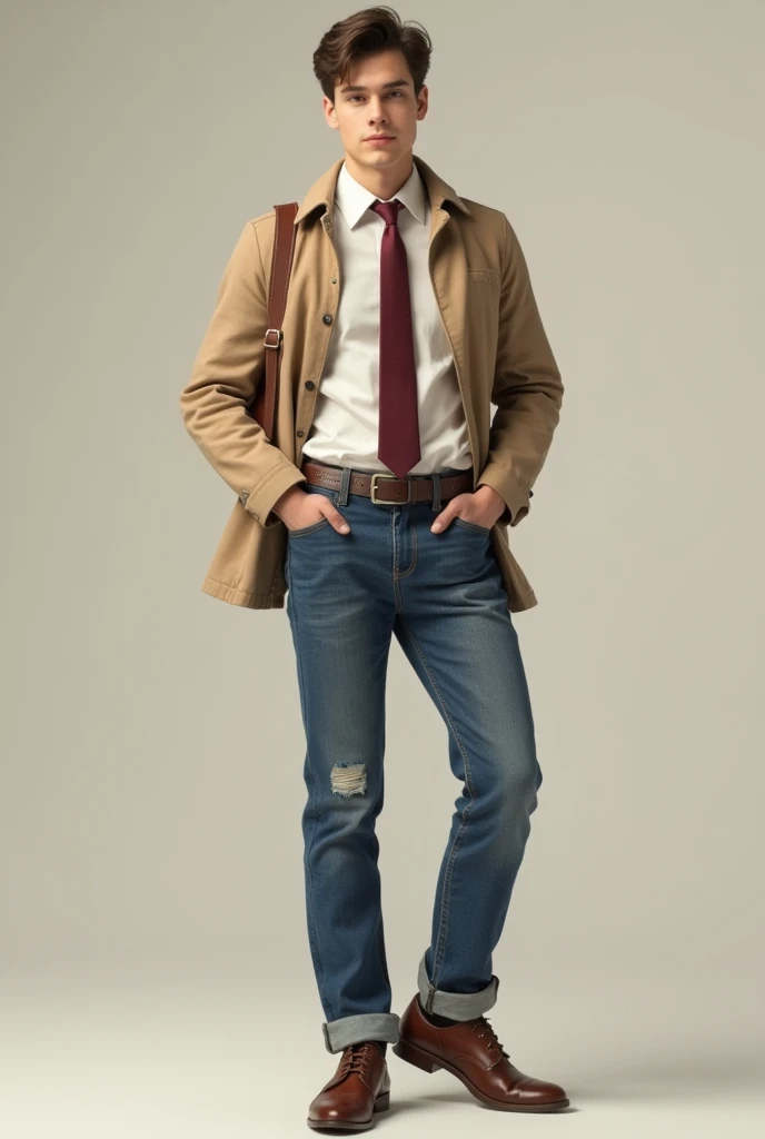 A 20-year-old boy wearing blue jeans, a little worn out , with brown shoes and strap ,  white shirt with wine tie and finally with a beige jacket on