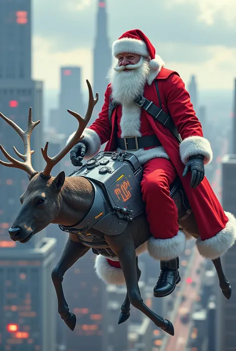 A very modern santa claus (robotic raindeer, sleigh=fliying car,...) in the sky with his raideer makes his smartphone fall