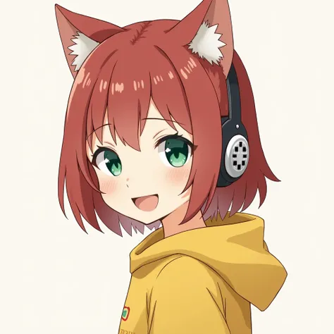  1 girl ,  high definition , chest,  looks back ,  smiles,  open her mouth ,  shortcuts,  bob hair, top quality,  textured skin, 大きなchest,  cat ear headphones, Gamer,Reddish brown hair, emerald green eyes, mustard colored hoodie, simple background , Charac...