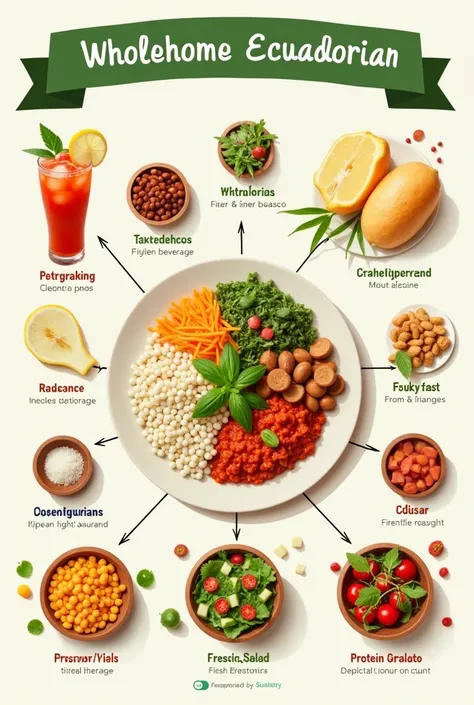 Clear and beautiful image for an infographic about a.  Example of a healthy Ecuadorian dish that includes a drink, carbohydrate , proteins,  salad  