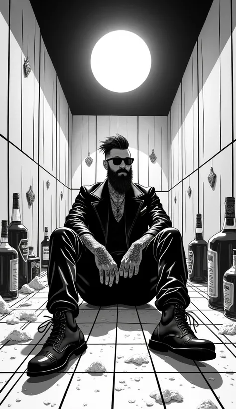 The image features a striking monochrome illustration, predominantly in black and white, depicting a hallway with converging linear and grid patterns creating a three-dimensional perspective. A handsome bearded rocker with sunglasses, wearing a stylish bla...