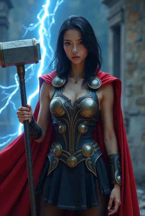 (best quality,4k,8k,high res,masterpiece:1.2),ultra-detailed,realistic sexy image of a female thor with the Mjölnir thors hammer electric current. small breast. oriental german mixed japanese girl. black straight shoulder hair. tiny breast. ultra realistic...