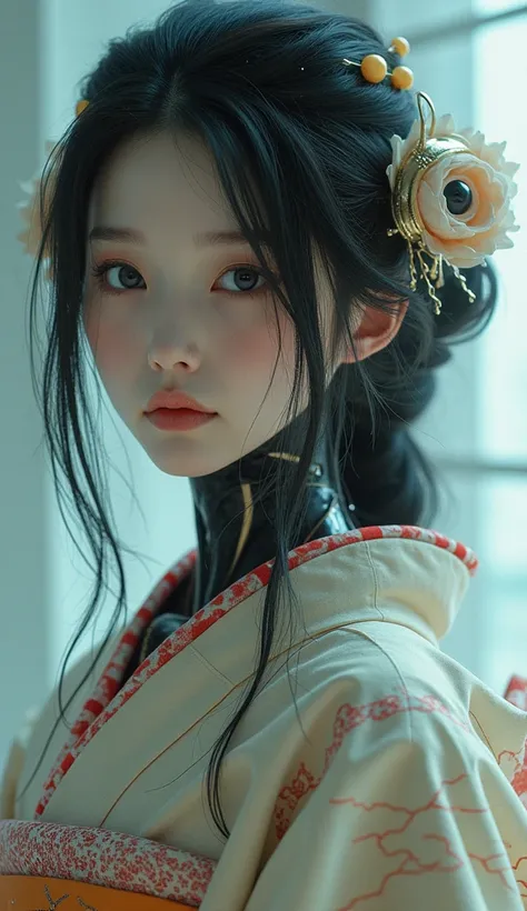 (  Masterpiece  :1.2,Superior Quality,Mirror finish,  super real 、  upper body,  Masterpiece  ,  top quality, Horizontal close-up portrait of a beautiful Edo period Japanese woman fused with cyborgs。  wearing a gorgeous and elaborate kimono 、 Cinematic Exp...