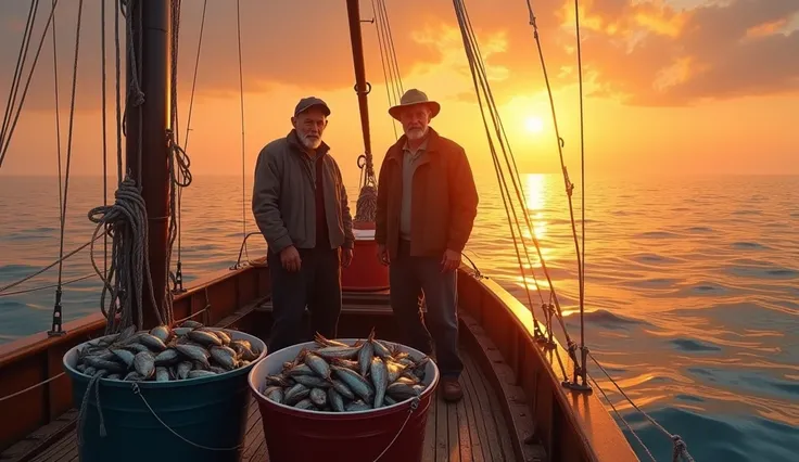 In the afternoon the sun was setting, on the sailboat there were 2 buckets of fish caught by fishermen. hyper-realistic, high contrast, high color effect, 8K, detailed, focused.