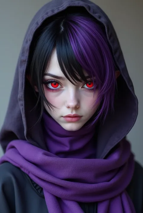 A guy got purple and black hair mixed together and a purple scarf, a purple hood and a boring face with red eyes