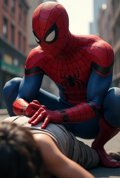 Create me an image of Spiderman doing the Heimlich maneuver, where you place your fist ,  with your thumb inward ,  just above the persons navel .  Hold your fist firmly with your other hand .  Perform quick compressions up and inward with your fists. IT I...