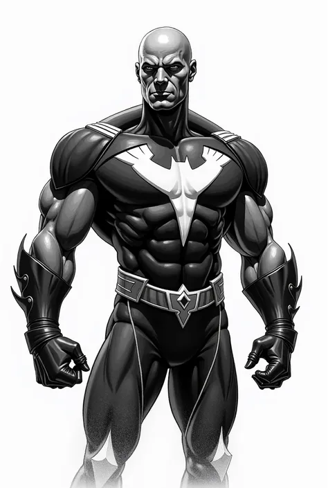 a black and white picture. drawing omni-man. keep the background clean. have the outfit on