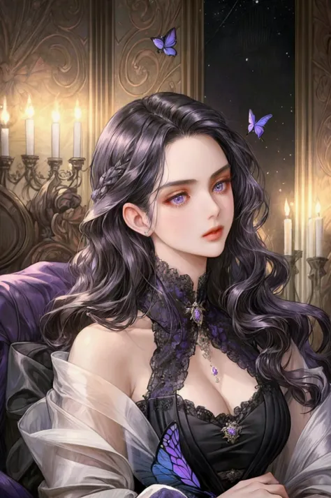 (masterpiece),( very detailed ) ,( Very detailed), ( beautiful face ), ( perfect face ),  long black wavy hair,  purple eyes , mature face,  sexy face, Slender face ,  wearing a European style aristocrat dress,  romance fantasy, Purple Butterflies, 20s, fe...