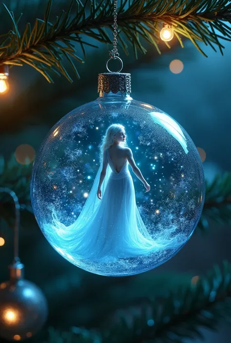    A blue crystal ball hangs from a Christmas tree on a silver thread,   Inside the ball  , say "The creamy " feminine Spanish 