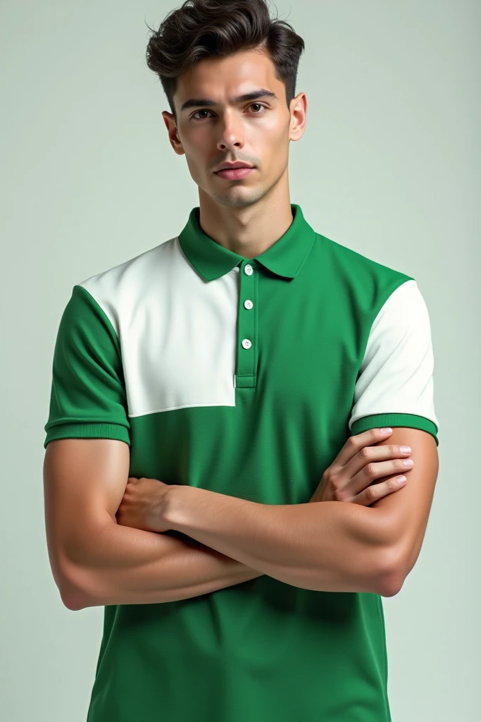  Polo shirt model with green glue and white sleeves.  Back and front 