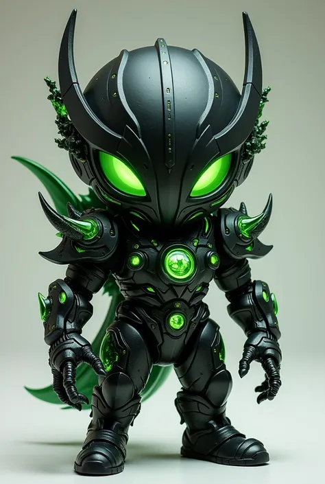  A collectible Virex chibi design , the nemesis of Kryon ,  shown completely from the front in a fixed and threatening pose .  Its armor is matte black with luminous details in green simulate corrupted veins .  The helmet completely covers her head ,  with...