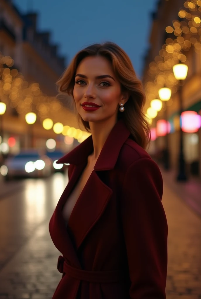 Italian girl 25 years old, beautiful, wonderful, walk in the center of Paris, 1 girl, real, very high resolution, 8k, elegant coat, luxury, Champs-Élysées, pearl earrings, elegant, red lipstick, light smile, night
