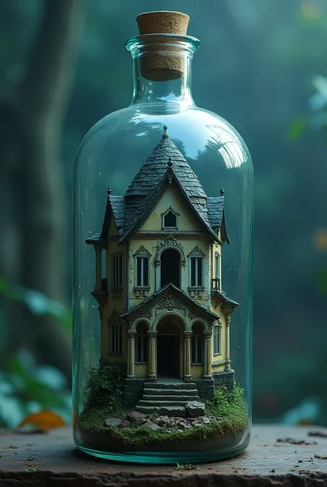 an rumah melayu ruins inside a bottle,simple design,detailed architecture,atmospheric lighting,fantasy art,high resolution,intricate structures,blue tones,glass texture