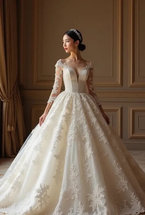 A DOUYIN WEDDING DRESS for a 1.56 meter girl. It must be a luxurious BALL GOWN. It must be a corset at her waist, NO long sleeves; the back of the dress should be 2m long; The dress is sparkling with glitter fabric 